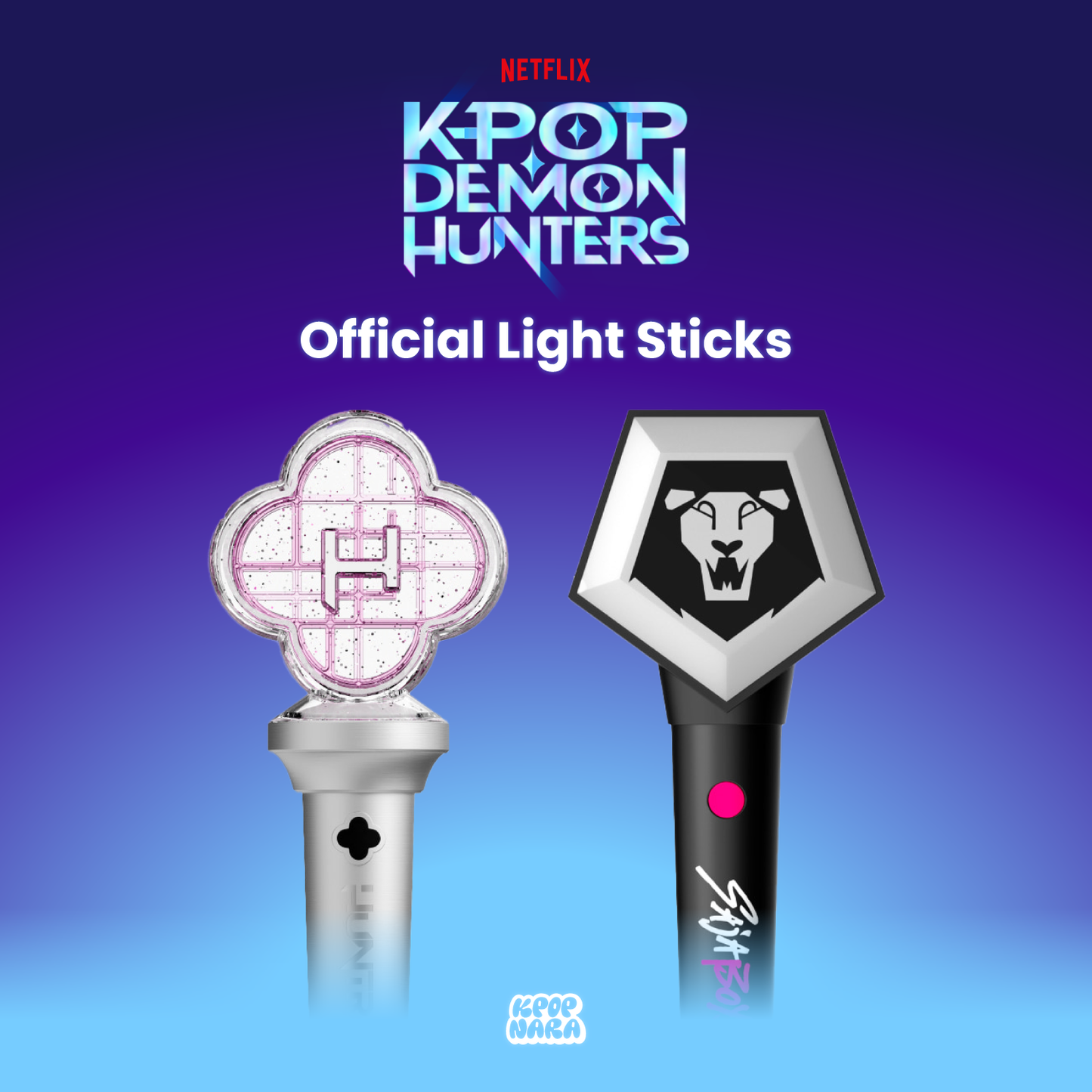 Two light sticks with designs on a gradient blue and purple background, featuring the Netflix KPOP DEMON HUNTERS logo.
